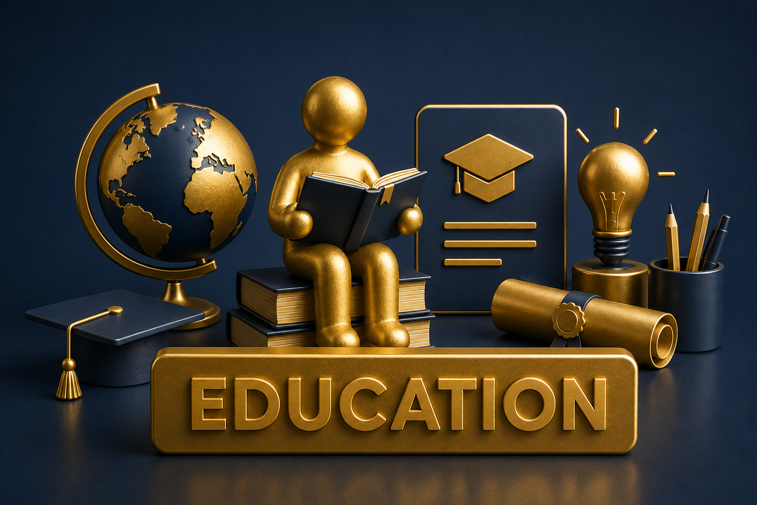 ProperED — gold education iconography on a deep navy backdrop