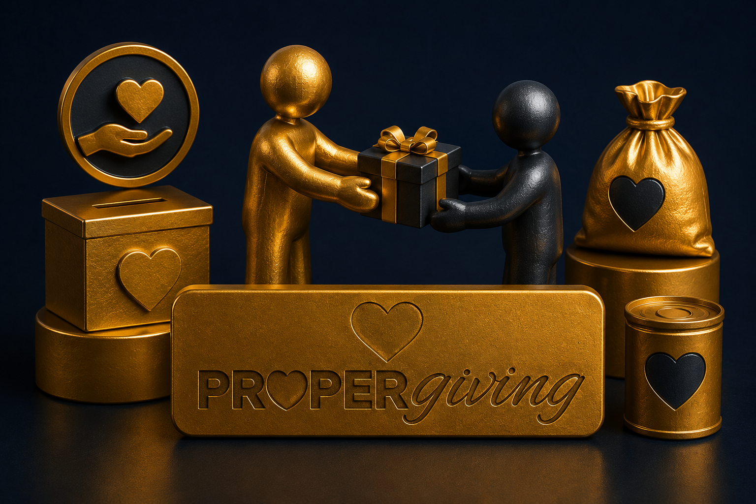 Proper Giving emblem with figures exchanging a gift