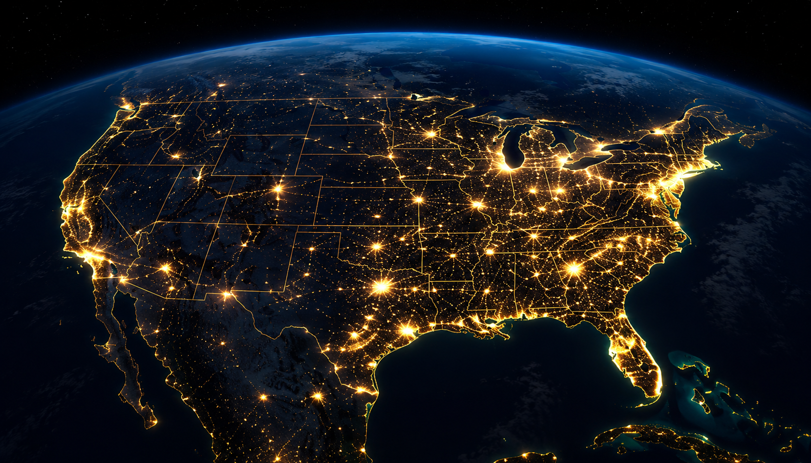 United States illuminated at night, representing nationwide commercial coverage